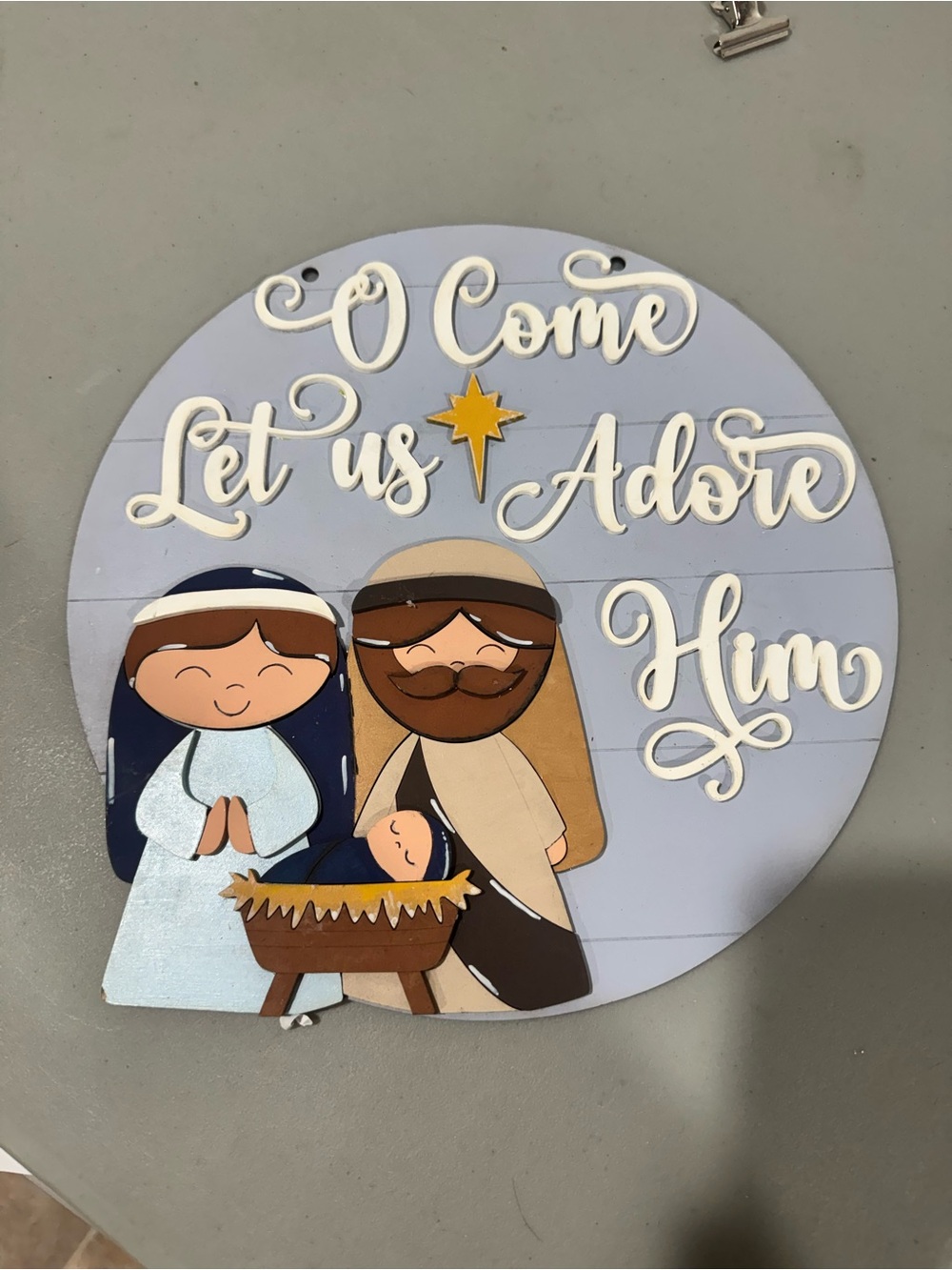 Hand Crafted Light‎ Blue Nativity "O Come Let Us Adore Him" Wall Sign